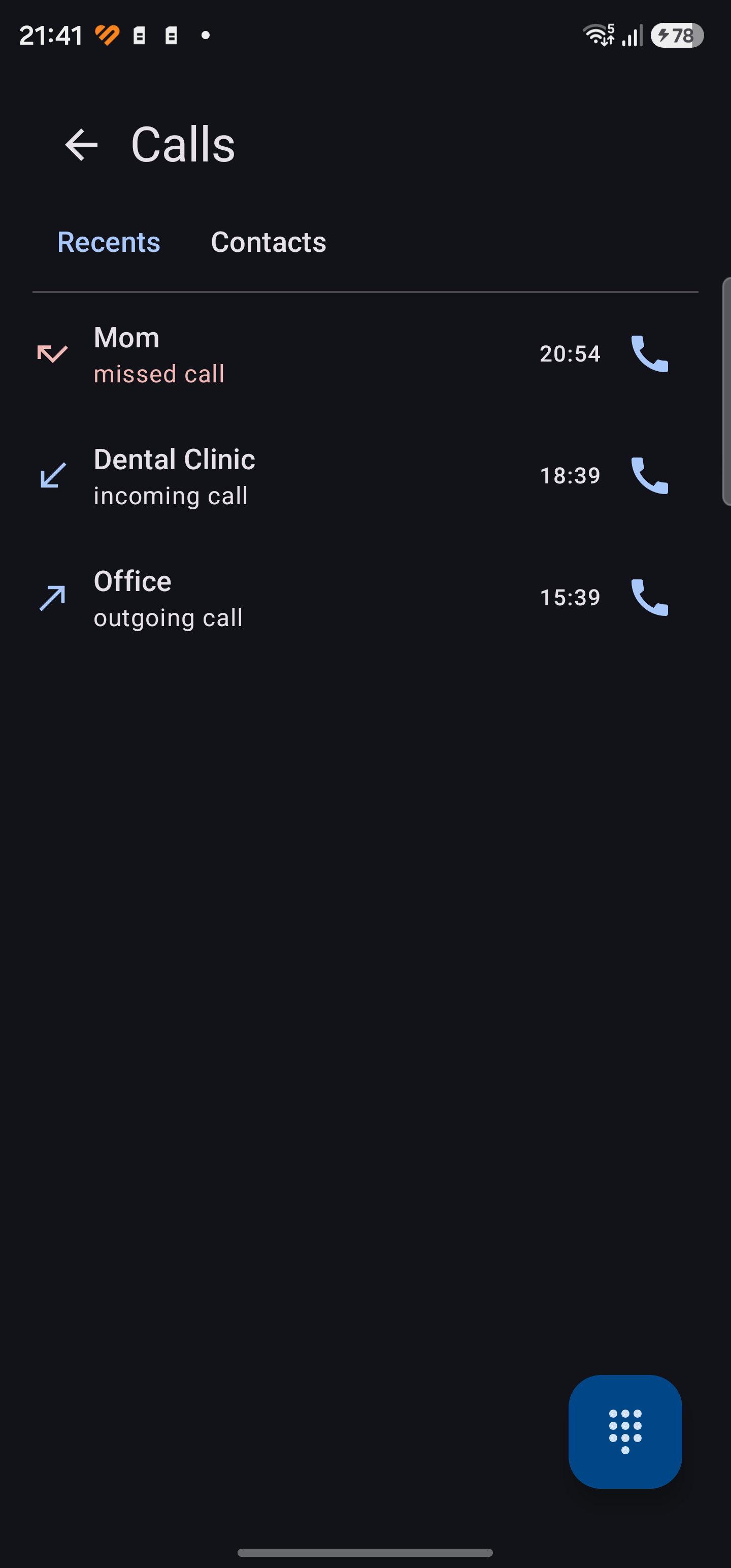 Recent calls list