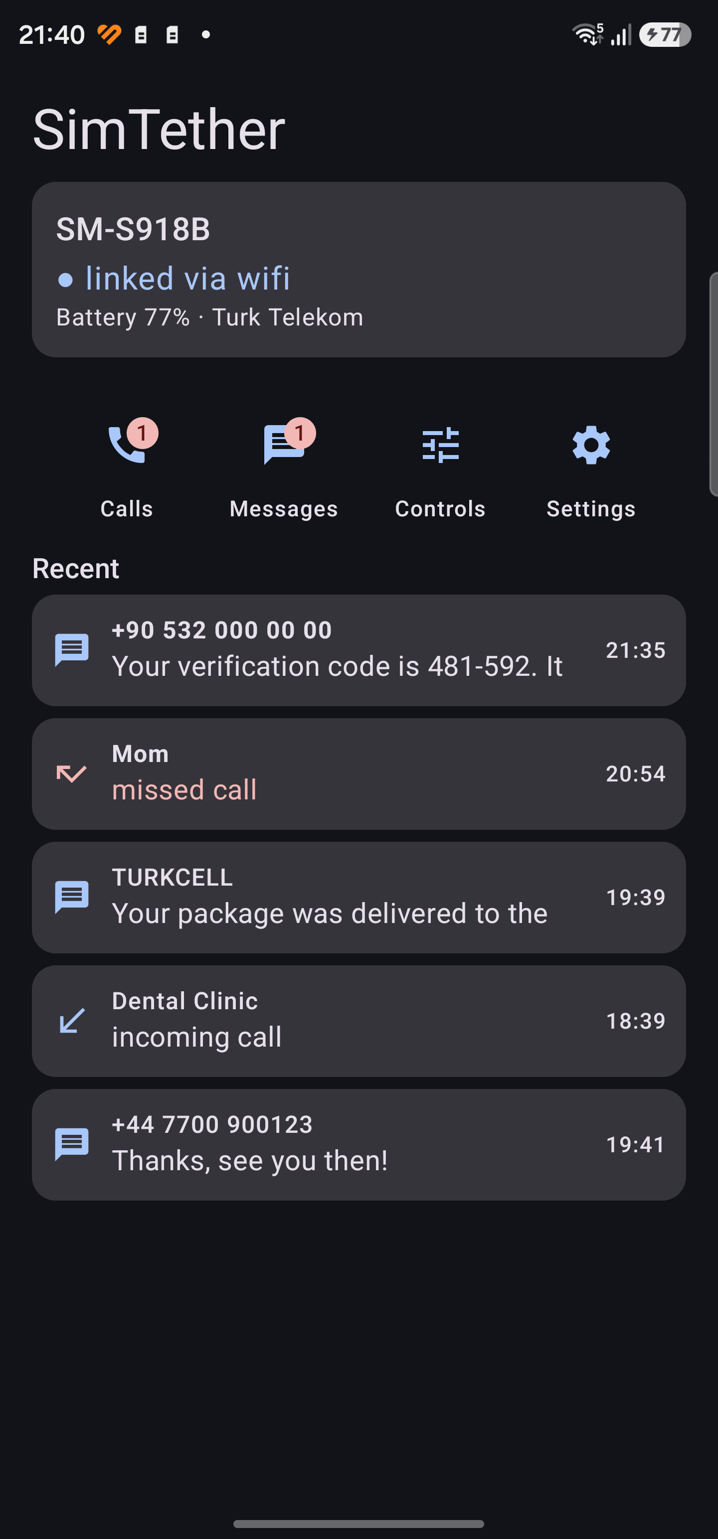 SimTether home — recent SMS and call events