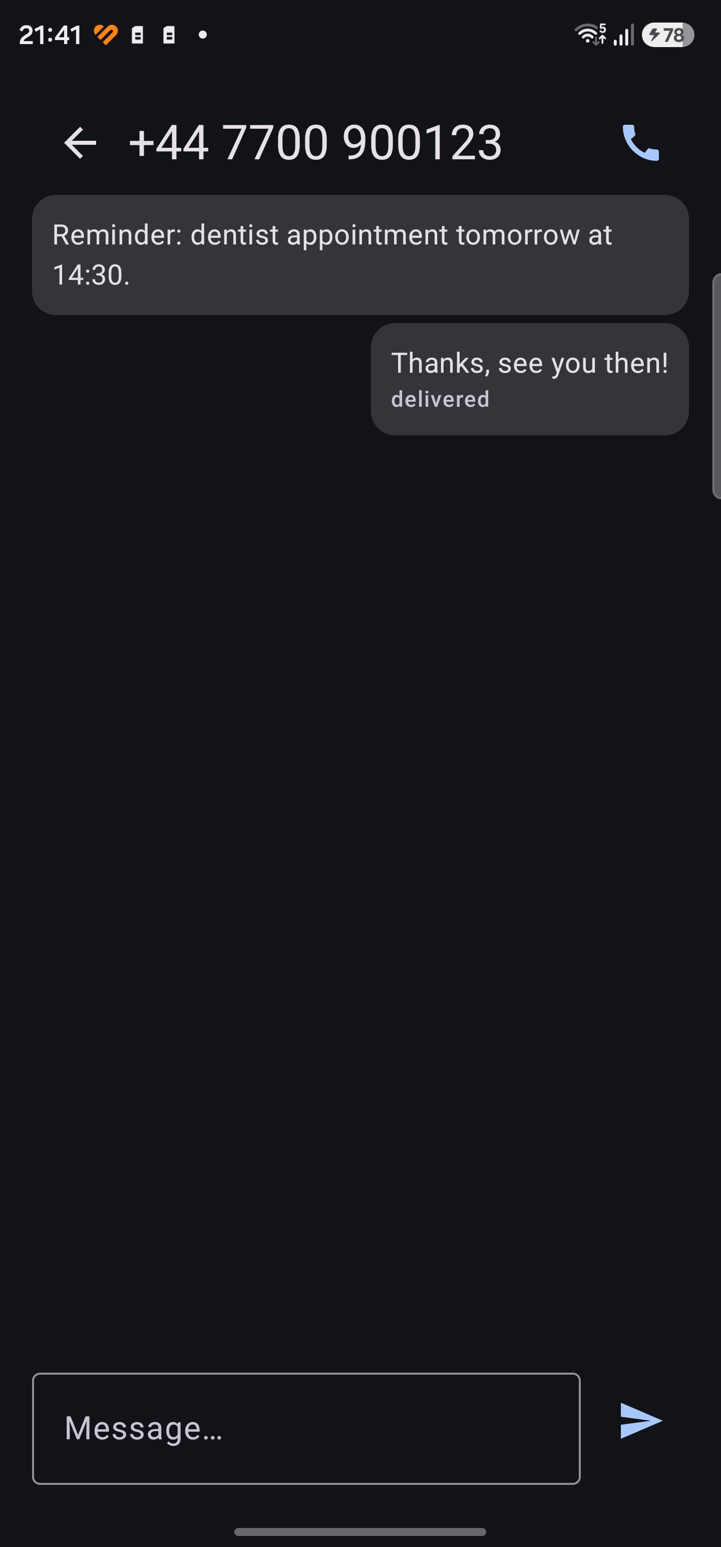 A conversation thread with delivery status